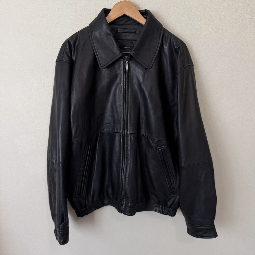 Claiborne Mens L Lambskin Leather Black Bomber Jacket 90s Biker Quilted Lined